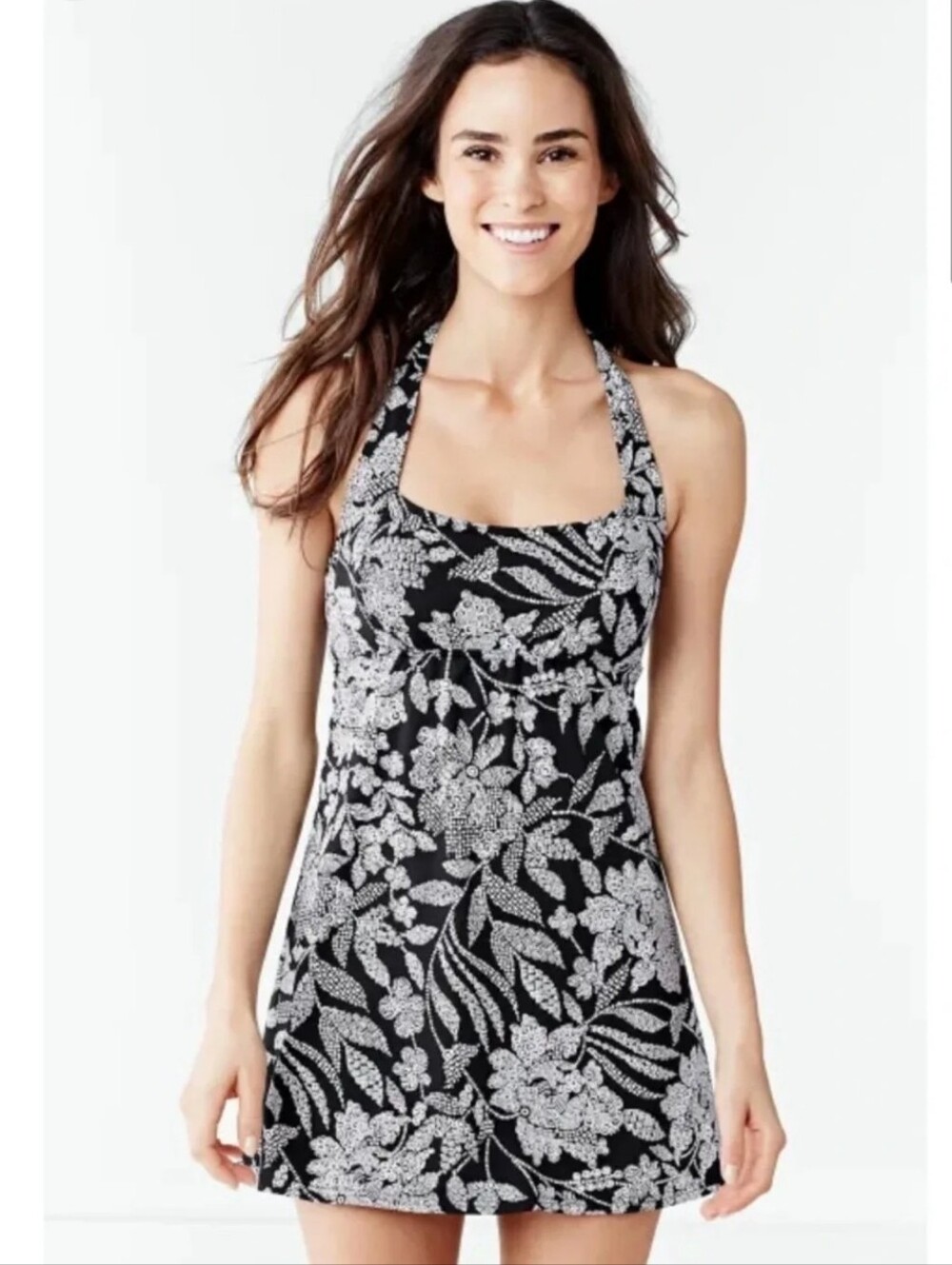Lands End Halter Style Swim Dress Black/White Floral Size 10